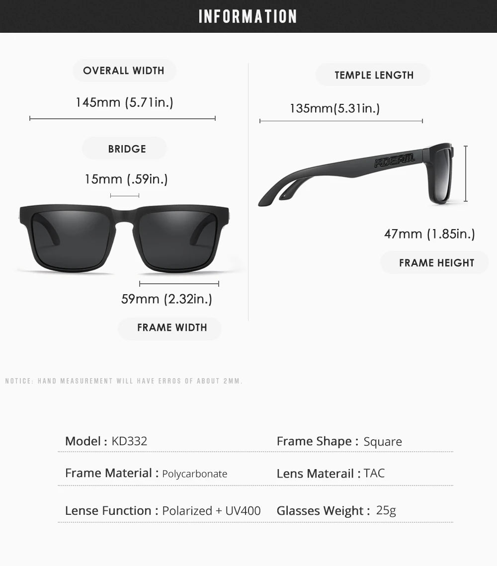 KDEAM Classic Square Sunglasses Men Women Category 3 Polarized Sun Glasses Unique Frame Surface Eyewear With Case Box KD332