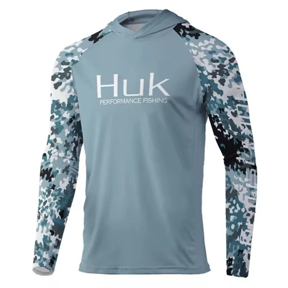 New HUK Men's Long Sleeve Fishing Jersey Quick Dry Lightweight Sun Protection Hooded Fishing Shirt