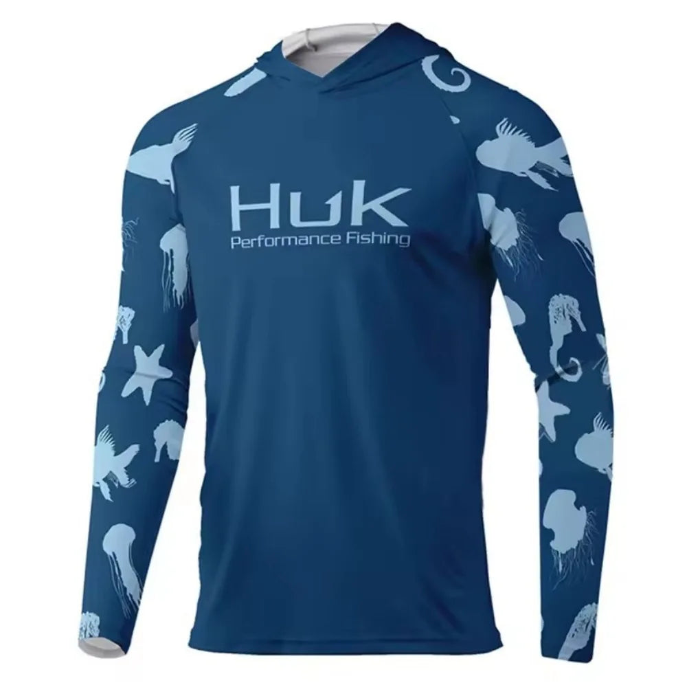 New HUK Men's Long Sleeve Fishing Jersey Quick Dry Lightweight Sun Protection Hooded Fishing Shirt