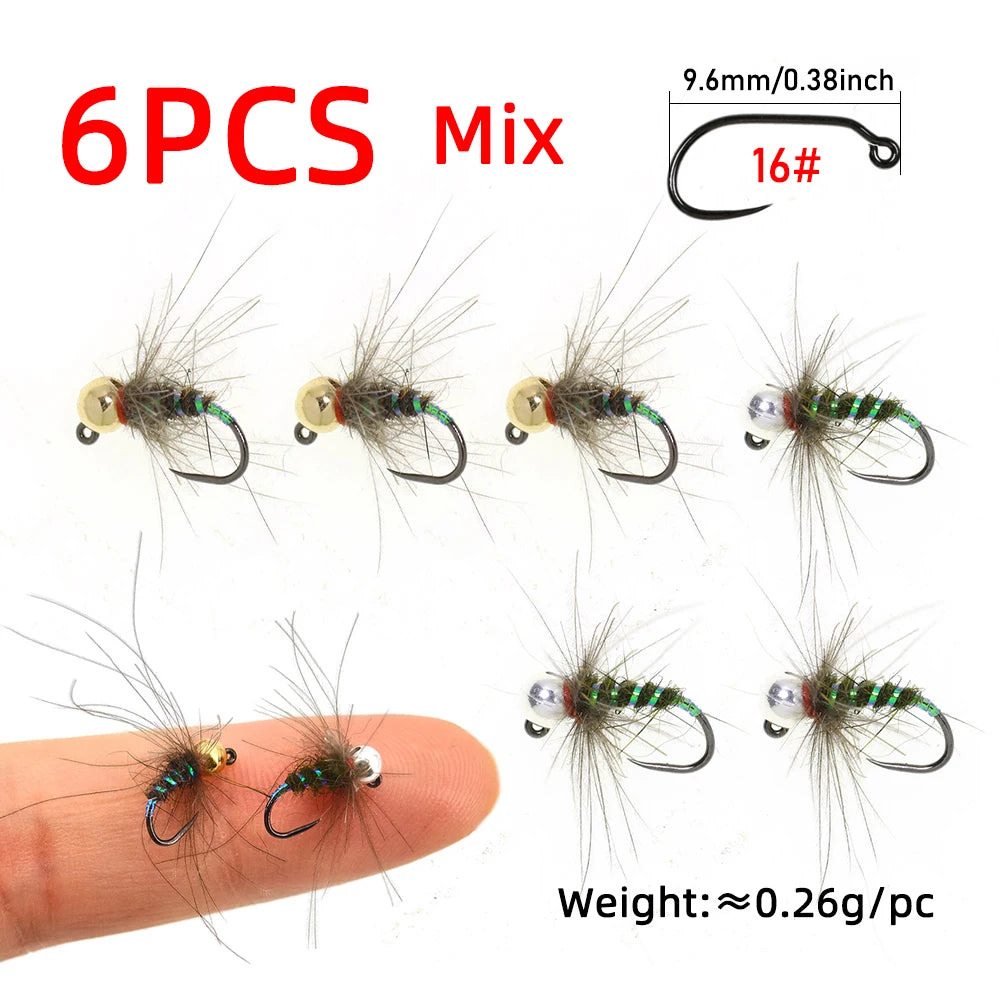Wifreo 6PCS 16# Tungsten Beadhead CDC Hackle Non-barbed Jig Nymph Flies Barbless Euro Nymph Trout Grayling Bass Fly Fishing Lure