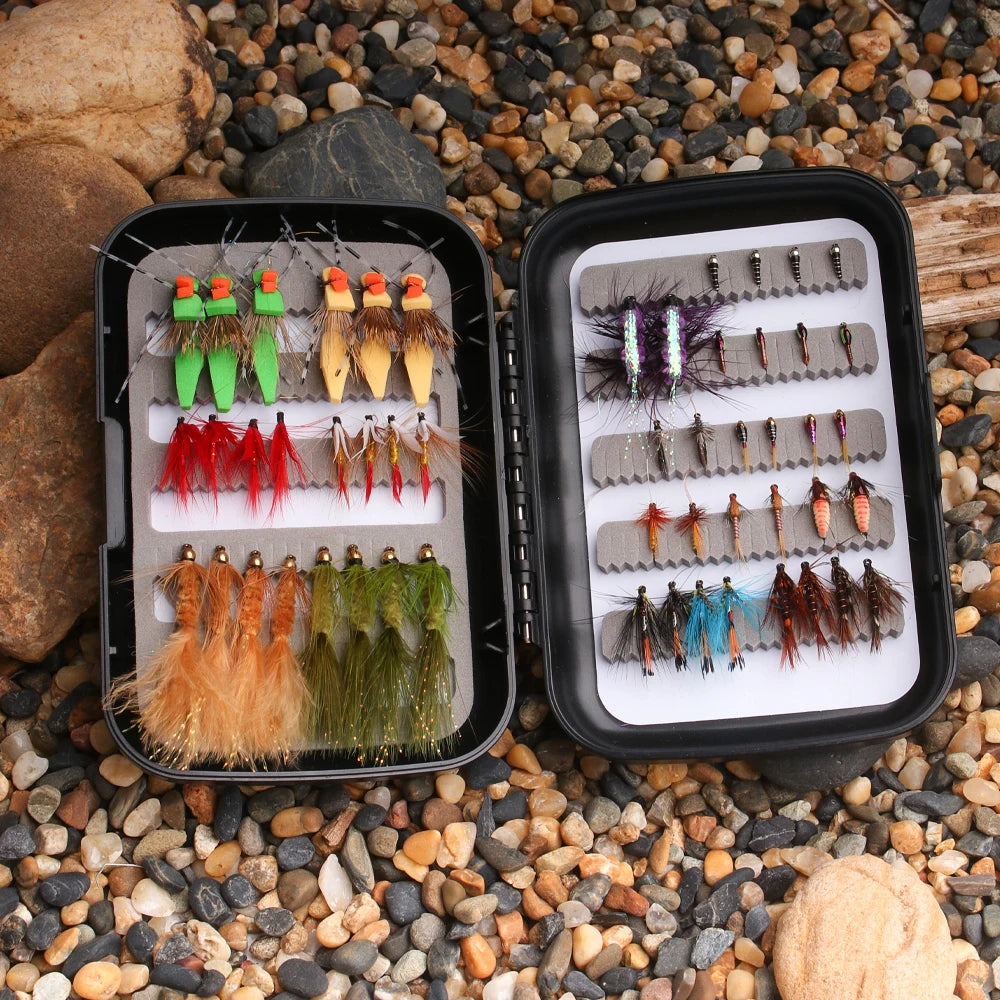 52pc Fly Fishing Combo Kit — Dry/Wet Flies, Streamers & Nymphs with Box