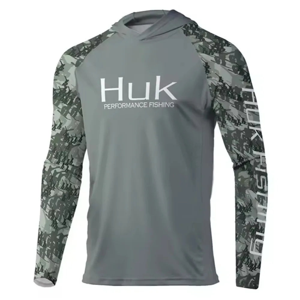 New HUK Men's Long Sleeve Fishing Jersey Quick Dry Lightweight Sun Protection Hooded Fishing Shirt