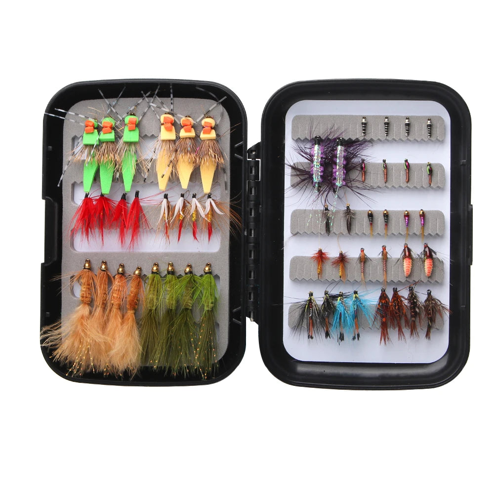 52pc Fly Fishing Combo Kit — Dry/Wet Flies, Streamers & Nymphs with Box