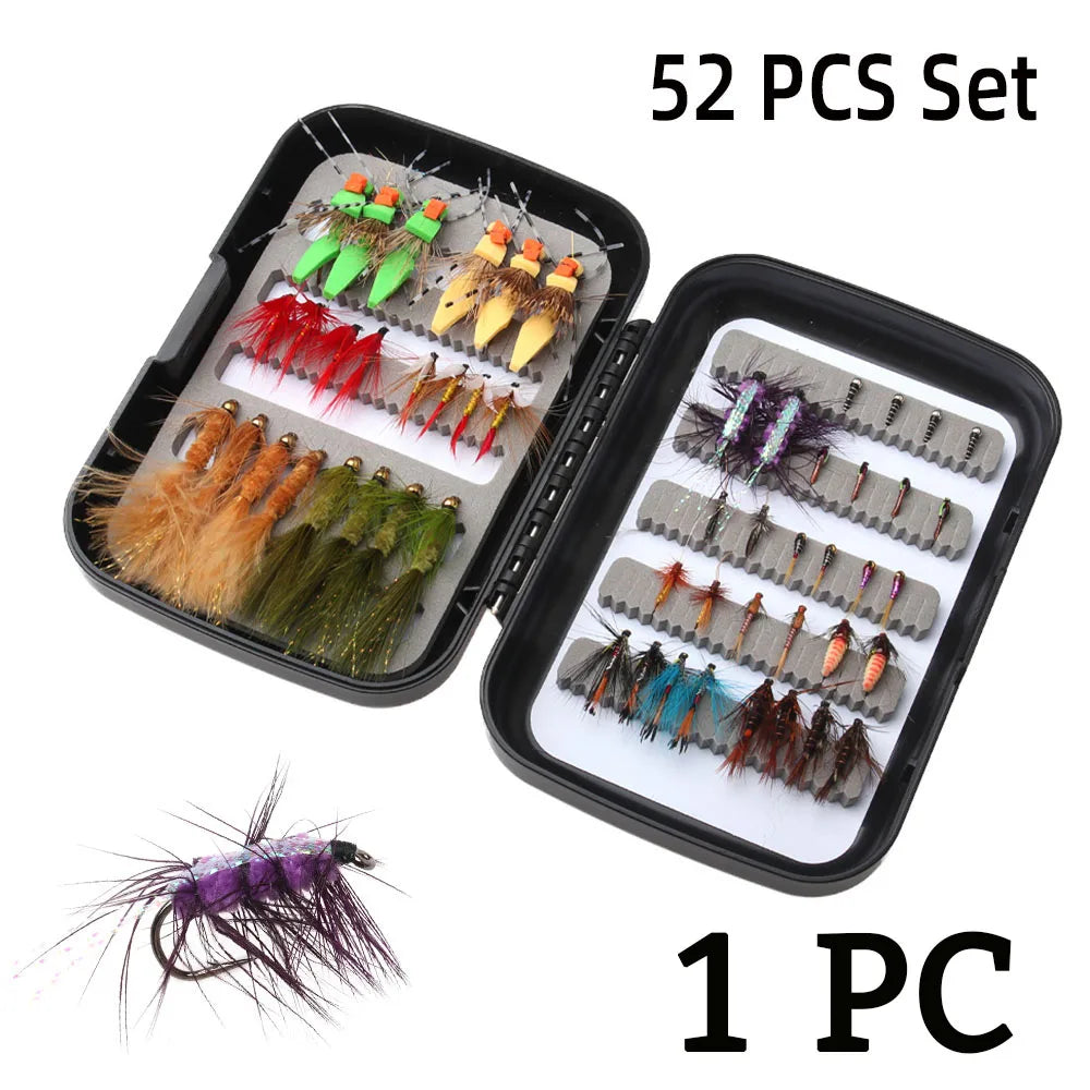 52pc Fly Fishing Combo Kit — Dry/Wet Flies, Streamers & Nymphs with Box