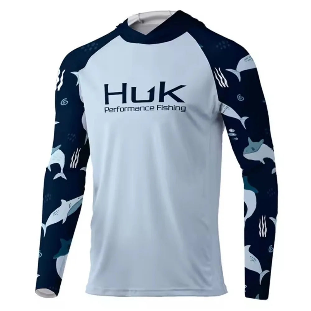 New HUK Men's Long Sleeve Fishing Jersey Quick Dry Lightweight Sun Protection Hooded Fishing Shirt