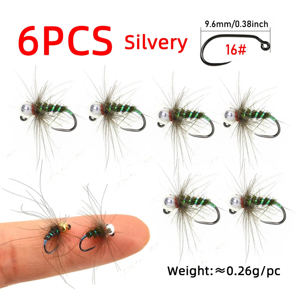 Wifreo 6PCS 16# Tungsten Beadhead CDC Hackle Non-barbed Jig Nymph Flies Barbless Euro Nymph Trout Grayling Bass Fly Fishing Lure