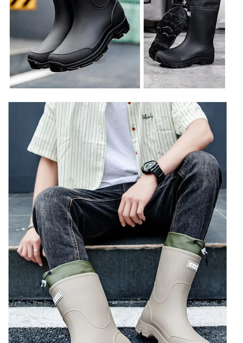 Men's Lightweight Waterproof Fishing Rain Boots Anti-slip Wear-resistant PVC Boot Tube round Toe EVA Insole Plain Color Adult