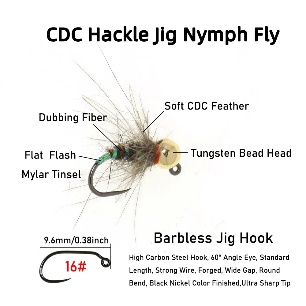 Wifreo 6PCS 16# Tungsten Beadhead CDC Hackle Non-barbed Jig Nymph Flies Barbless Euro Nymph Trout Grayling Bass Fly Fishing Lure