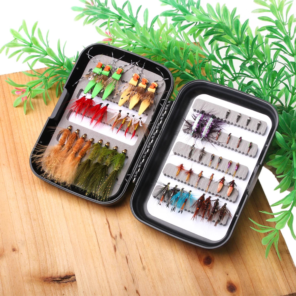 52pc Fly Fishing Combo Kit — Dry/Wet Flies, Streamers & Nymphs with Box