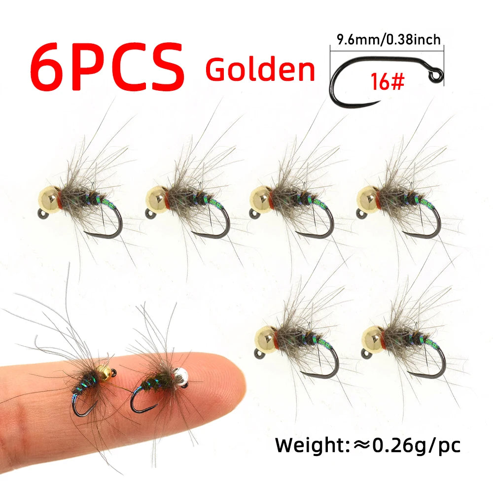 Wifreo 6PCS 16# Tungsten Beadhead CDC Hackle Non-barbed Jig Nymph Flies Barbless Euro Nymph Trout Grayling Bass Fly Fishing Lure