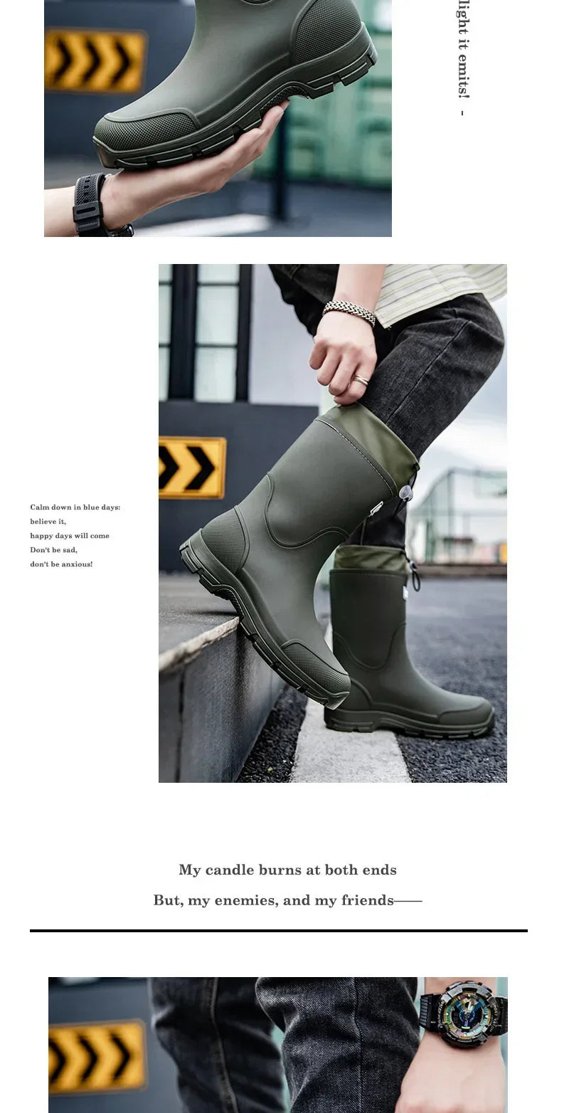 Men's Lightweight Waterproof Fishing Rain Boots Anti-slip Wear-resistant PVC Boot Tube round Toe EVA Insole Plain Color Adult