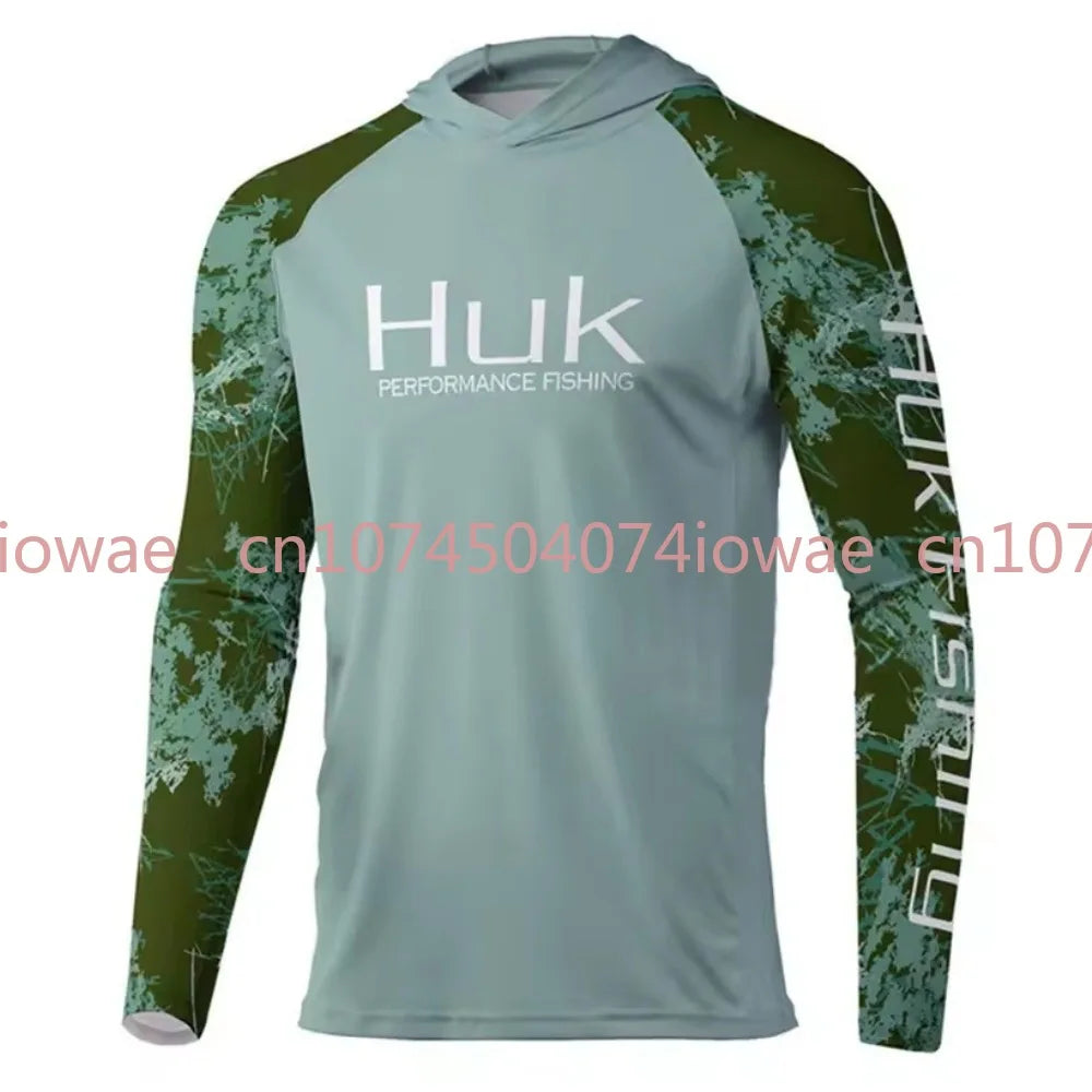 New HUK Men's Long Sleeve Fishing Jersey Quick Dry Lightweight Sun Protection Hooded Fishing Shirt