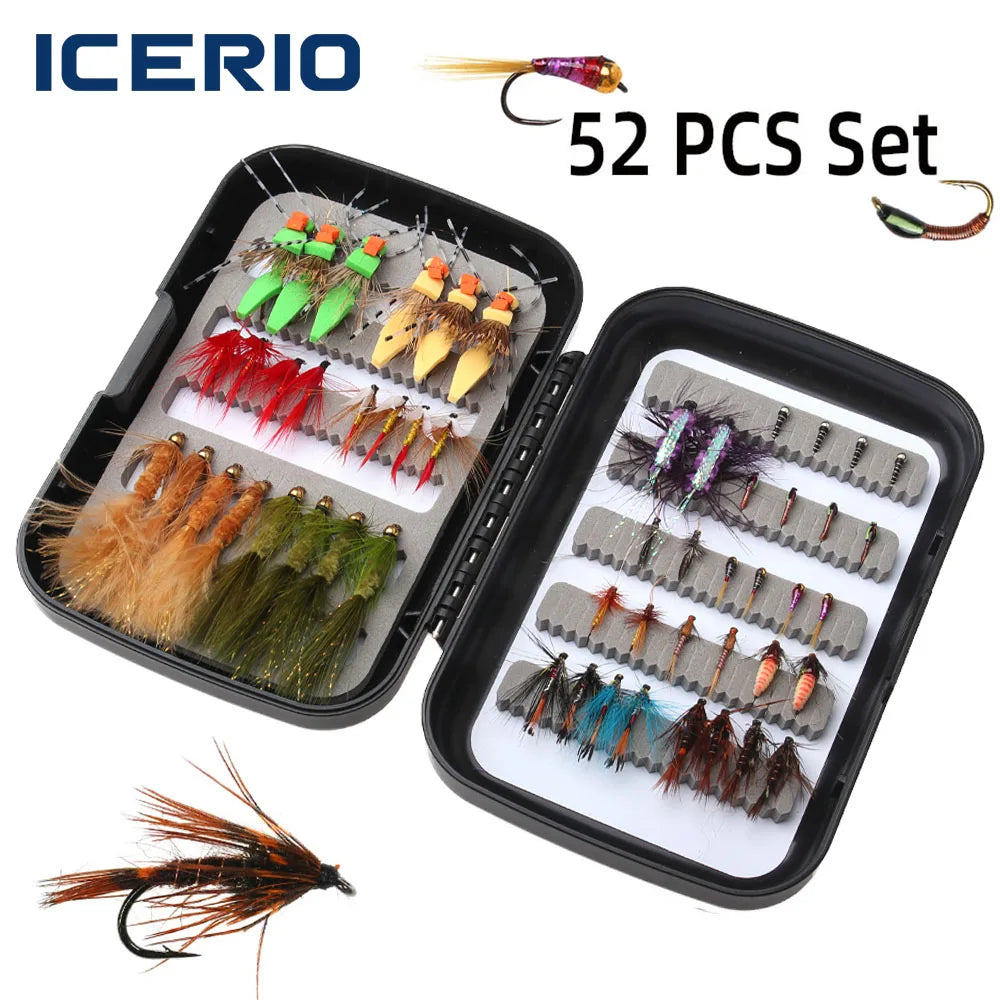 52pc Fly Fishing Combo Kit — Dry/Wet Flies, Streamers & Nymphs with Box