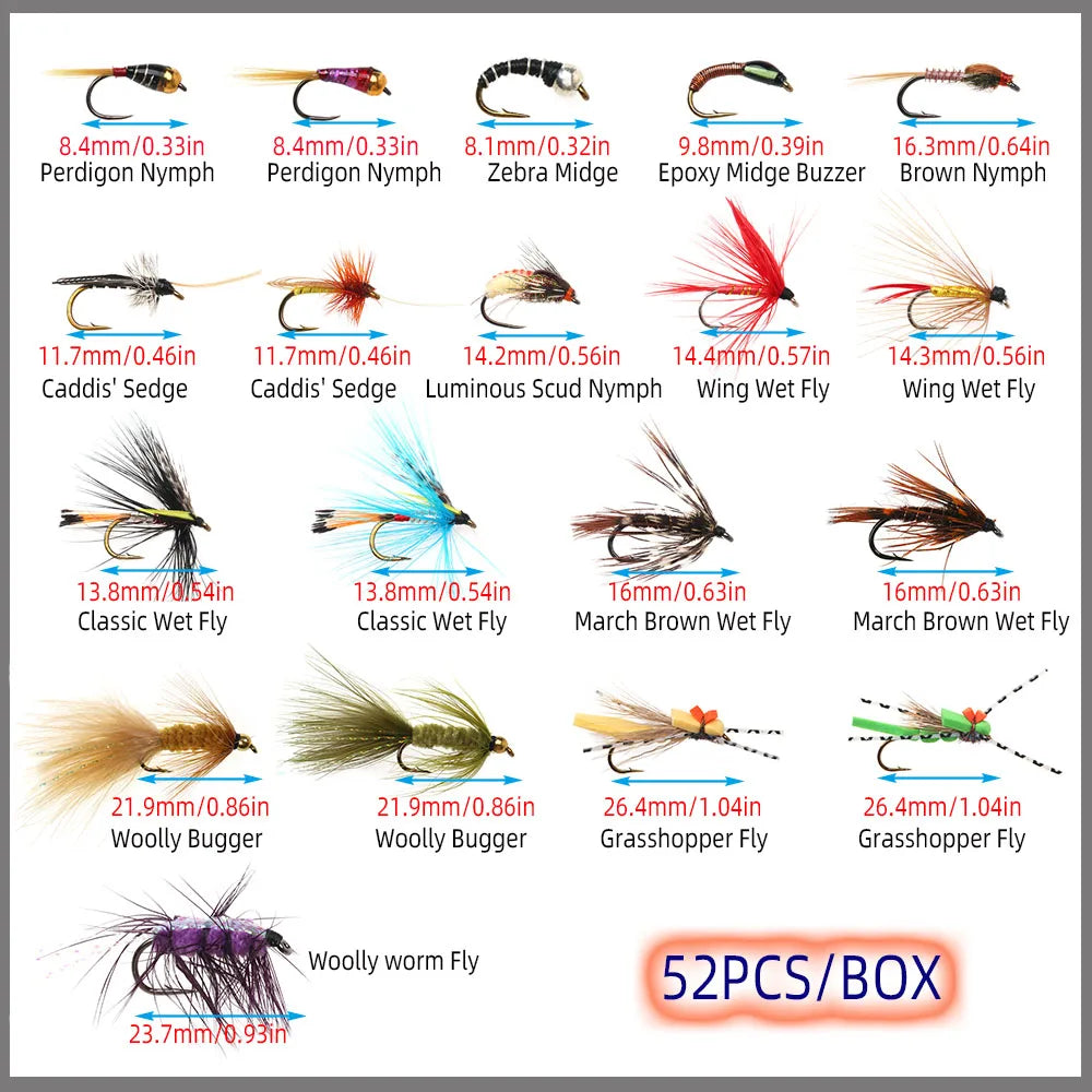 52pc Fly Fishing Combo Kit — Dry/Wet Flies, Streamers & Nymphs with Box