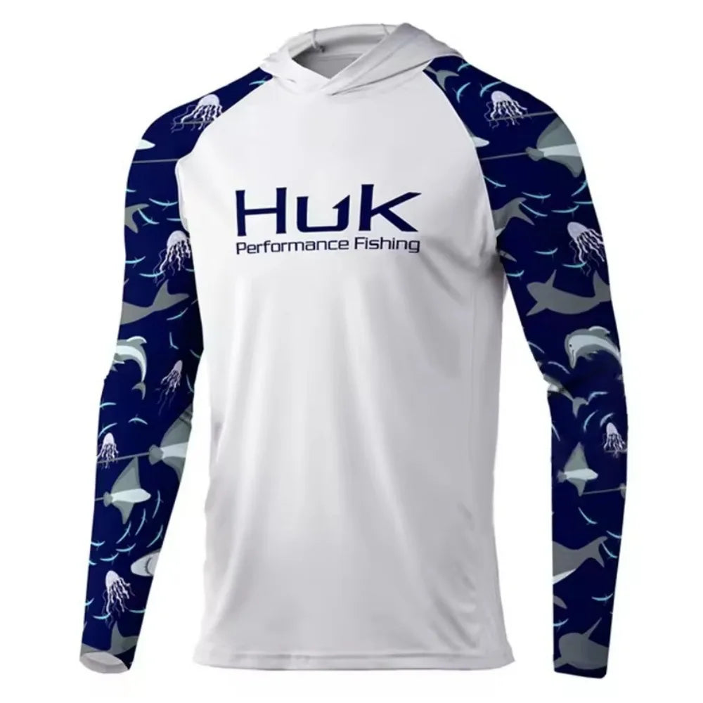 New HUK Men's Long Sleeve Fishing Jersey Quick Dry Lightweight Sun Protection Hooded Fishing Shirt