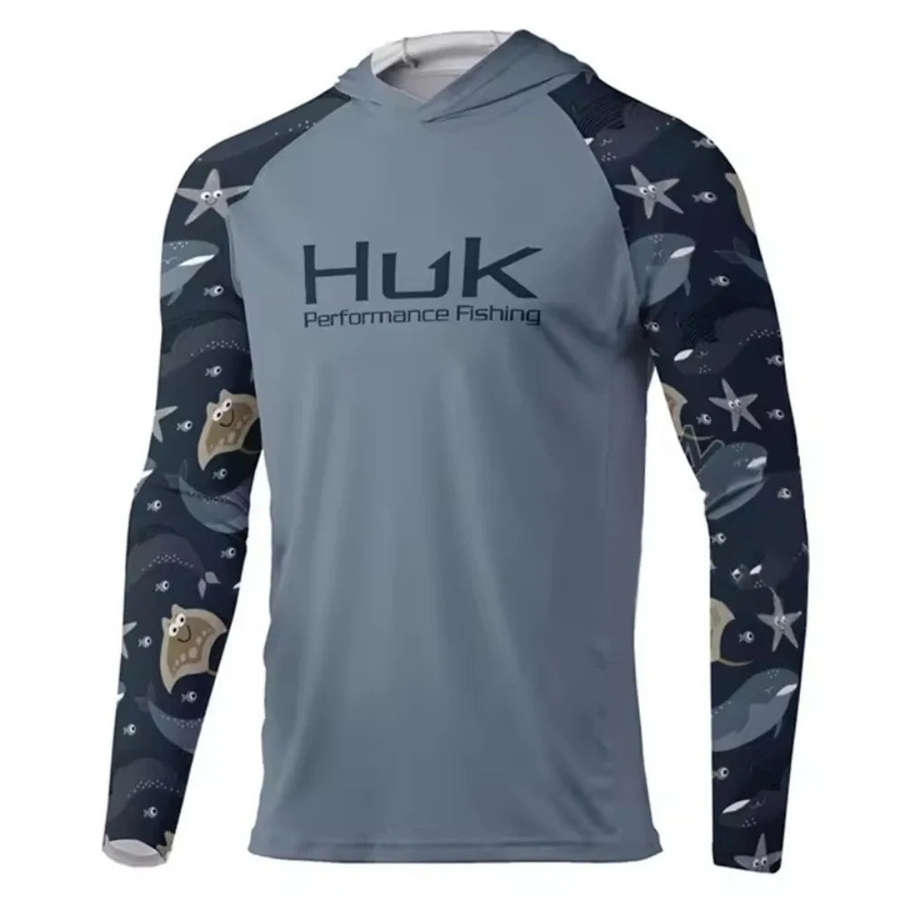 New HUK Men's Long Sleeve Fishing Jersey Quick Dry Lightweight Sun Protection Hooded Fishing Shirt